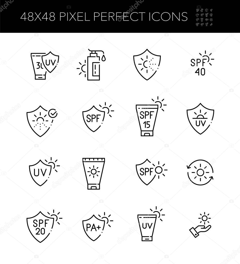 UV protection icons. Sunscreen lotions, suntanning. Pixel perfect, editable stroke
