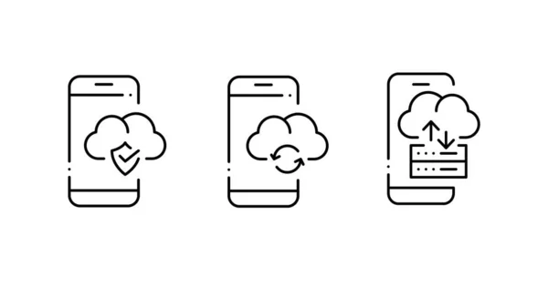 Iconos de dispositivos móviles de almacenamiento en la nube. Seguridad, servidores y sincronización. Pixel perfecto, golpe editable — Vector de stock