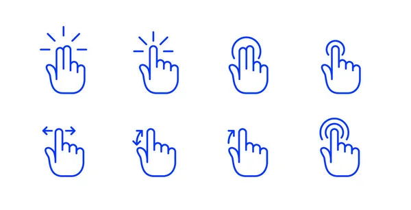 Gesti touch screen. Toccare, toccare due volte, scorrere, strisciare, diffondere. Pixel perfetto, colpo modificabile — Vettoriale Stock