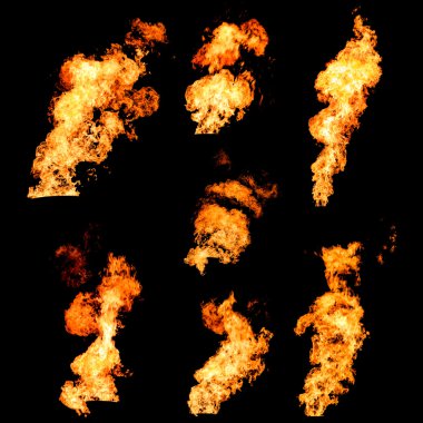 Raging fire spurts of flame texture photo set on black clipart