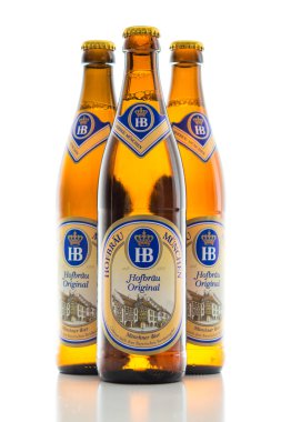 Üç şişe soğuk ışık lager bira Bavyera Hofbrau Münih demlemek