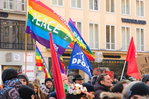 European peaceful march with flags placards and banners — Stock Photo, Image