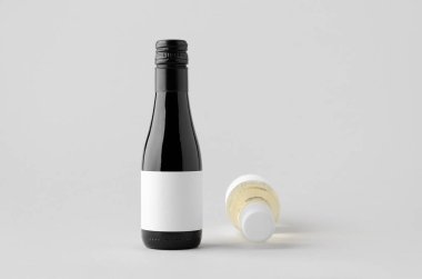Küçük kırmızı ve beyaz şarap şişesi maketi, Burgundy Alsace Rhone şekli, tarafsız arka planda.