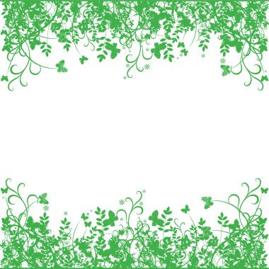 Bahar süsler, çim ve beyaz bir arka plan üzerinde kelebekler