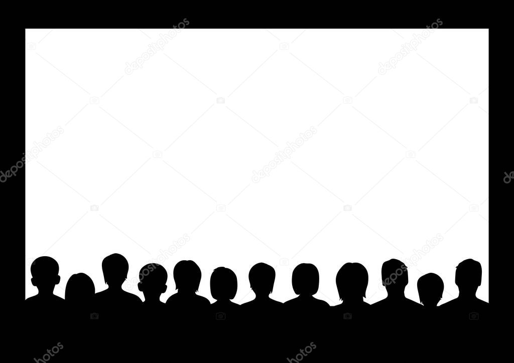 black and white silhouettes of people in front of a blank screen
