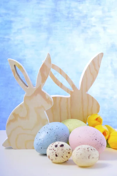 Happy Easter Wooden Bunnies — Stock Photo, Image