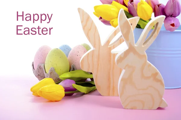 Happy Easter Wooden Bunnies — Stock Photo, Image