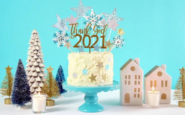 Happy New Years Eve cake with Thank God Its 2021 cake topper decoration. — Stock Photo, Image
