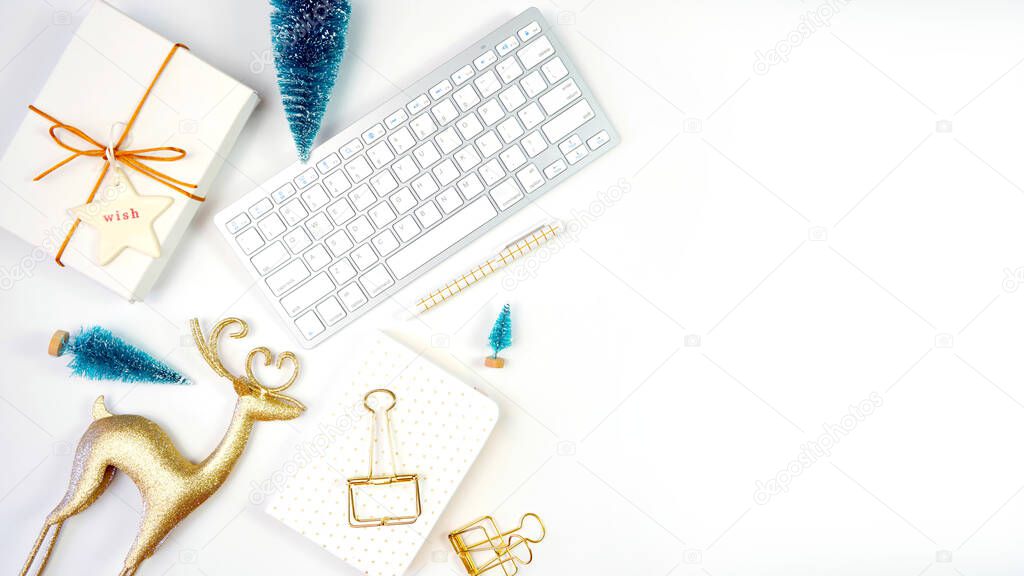 Christmas Shopping Modern Gold and White desktop blog header overhead flat lay.