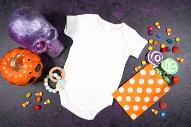 Halloween trick or treat theme product mockup flatlay on purple background clipart
