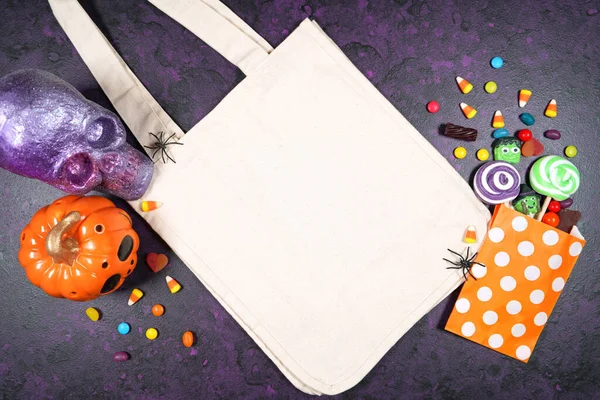 Halloween trick or treat theme product mockup flatlay on purple background — Stock Photo, Image