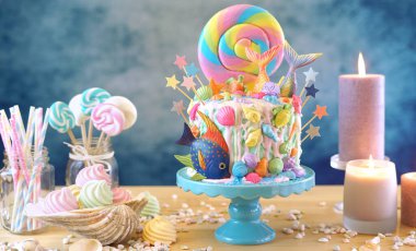 Deniz kızı Tema candyland kek glitter kuyrukları, kabukları ve deniz canlılarının.