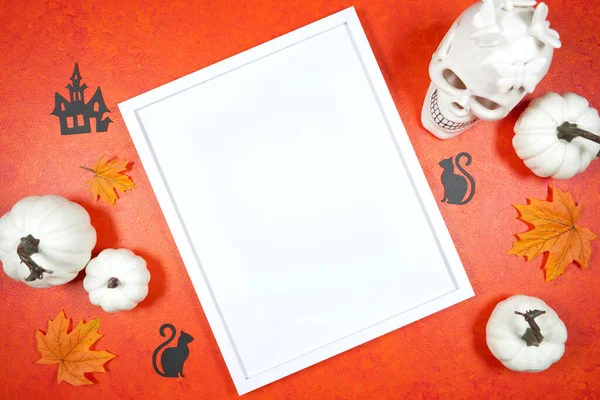 Halloween trick or treat product mockup with white skull and pumpkins. — Stock Photo, Image