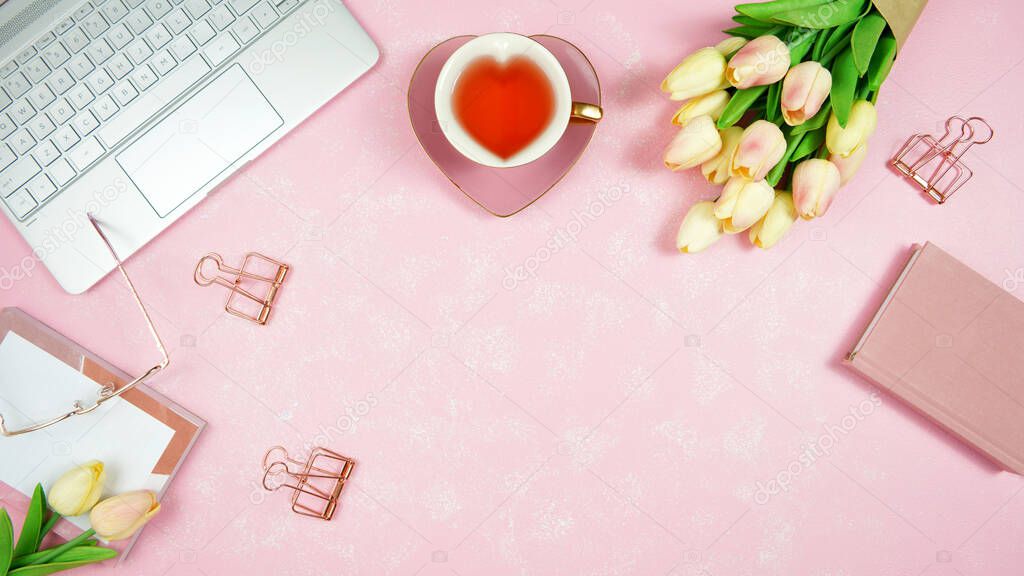 Feminine pink desktop workspace blog header overhead flat lay.