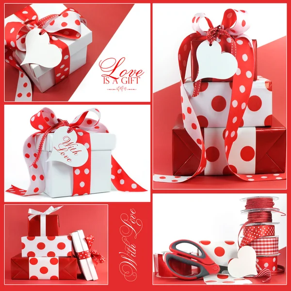 Collage of five red and white polka dot holiday gifts with sample text. — Stock Photo, Image