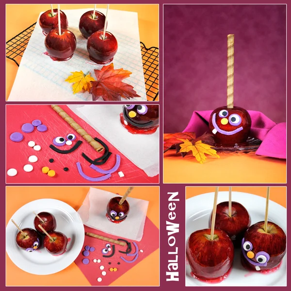 Halloween toffee caramel candy apples collage — Stock Photo, Image