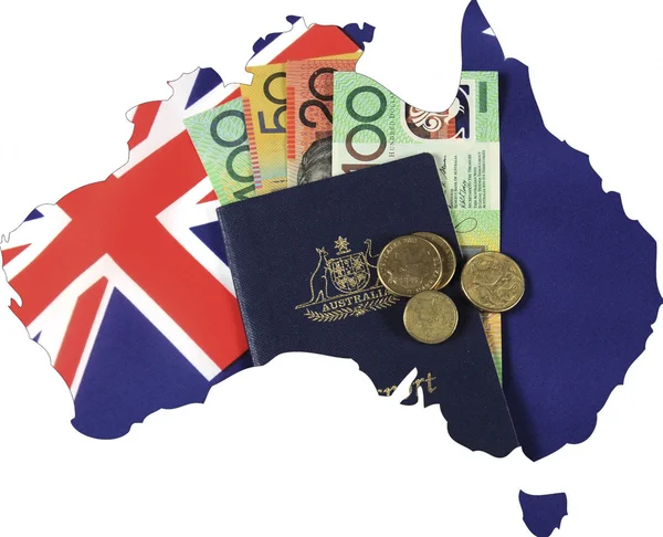 Mapa de Australia con bandera australiana, pasaporte y dinero en efectivo billetes y monedas . —  Fotos de Stock