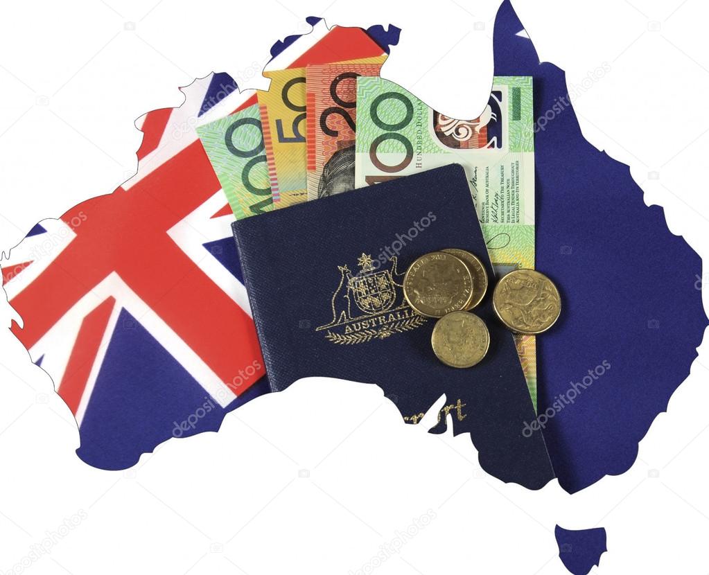 Mapa da Austrália com bandeira australiana, passaporte e dinheiro notas e  moedas em dólares . Ilustração de ©amarosy #53129483, image size:1023x830
