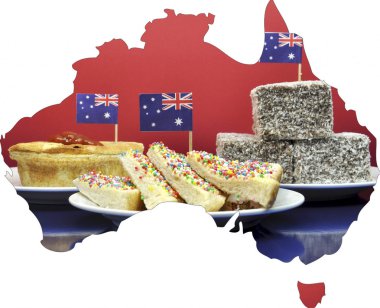 Map of Australia showing traditional Aussie tucker party food, lamingtons, fairy bread and meat pies. clipart