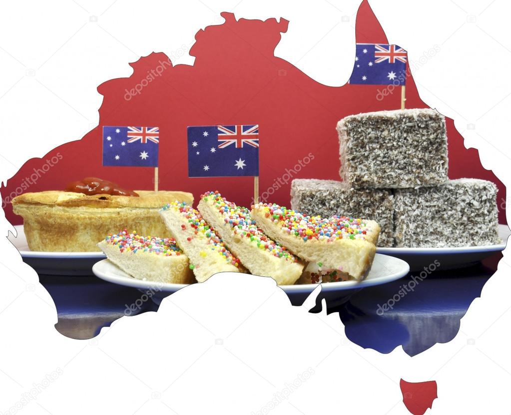 Map of Australia showing traditional Aussie tucker party food, lamingtons, fairy bread and meat pies.