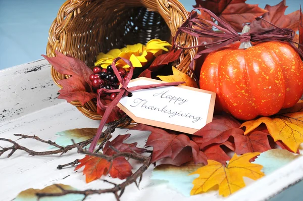 Happy Thanksgiving Cornucopia on Vintage White and blue background — Stock Photo, Image