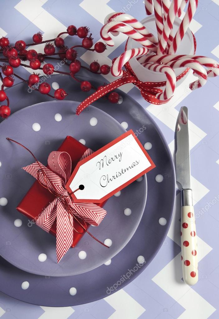 Bright colorful family Christmas table place setting