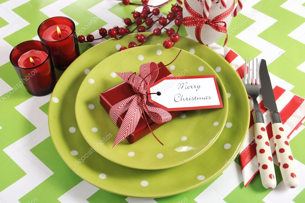 Bright colorful family Christmas table place setting