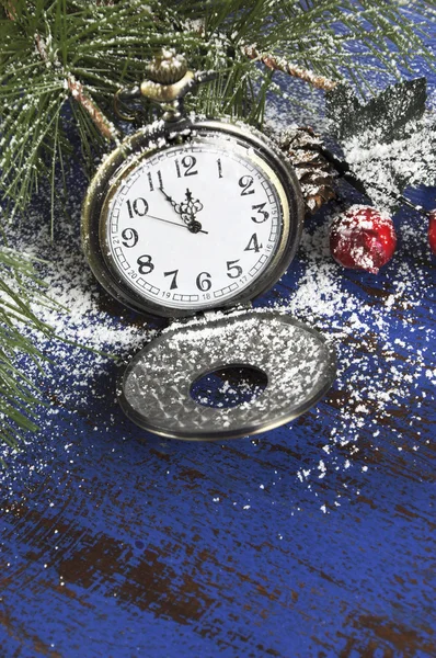 Happy New Year fob pocket watch with minutes to midnight time closeup — Stock Photo, Image