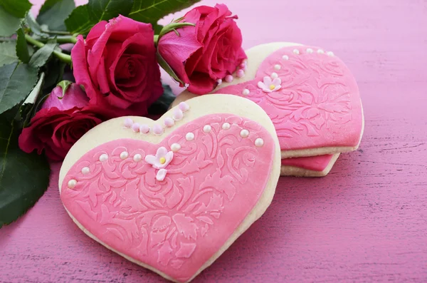 Pink heart shape ladies dresses decorated cookies — Stock Photo, Image