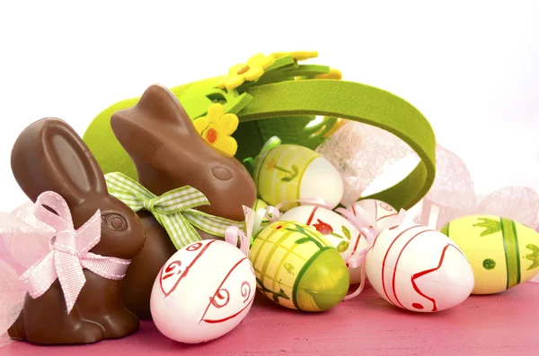 Easter Eggs with Chocolate Bunnies — Stock Photo, Image