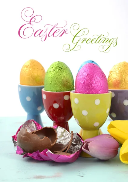 Happy Easter bright colour eggs in egg cups. — Stock Photo, Image