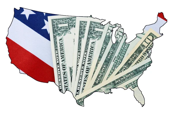 Bandera y dinero de USA Stars and Stripes dentro del esquema del mapa de USA . — Foto de Stock