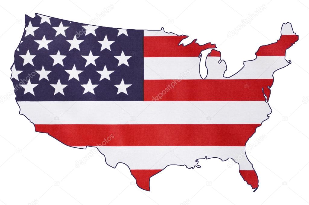 USA Stars and Stripes flag within outline of USA map.