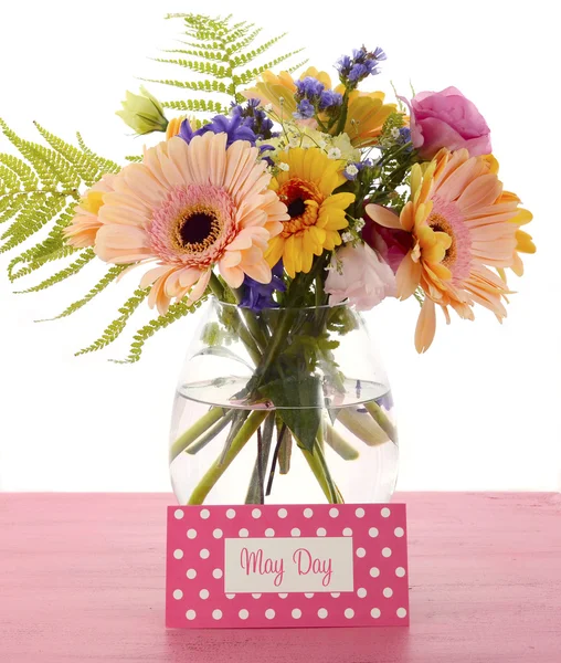 Happy May Day gift of Spring flowers in vase. — Stock Photo, Image