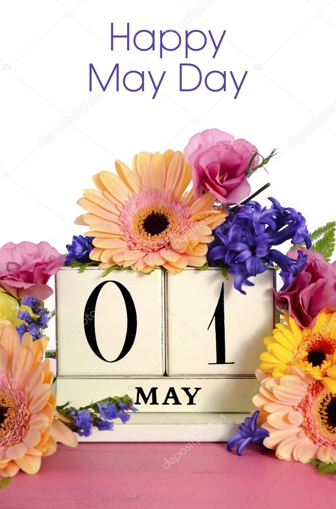 Happy May Day calendar with flowers. 