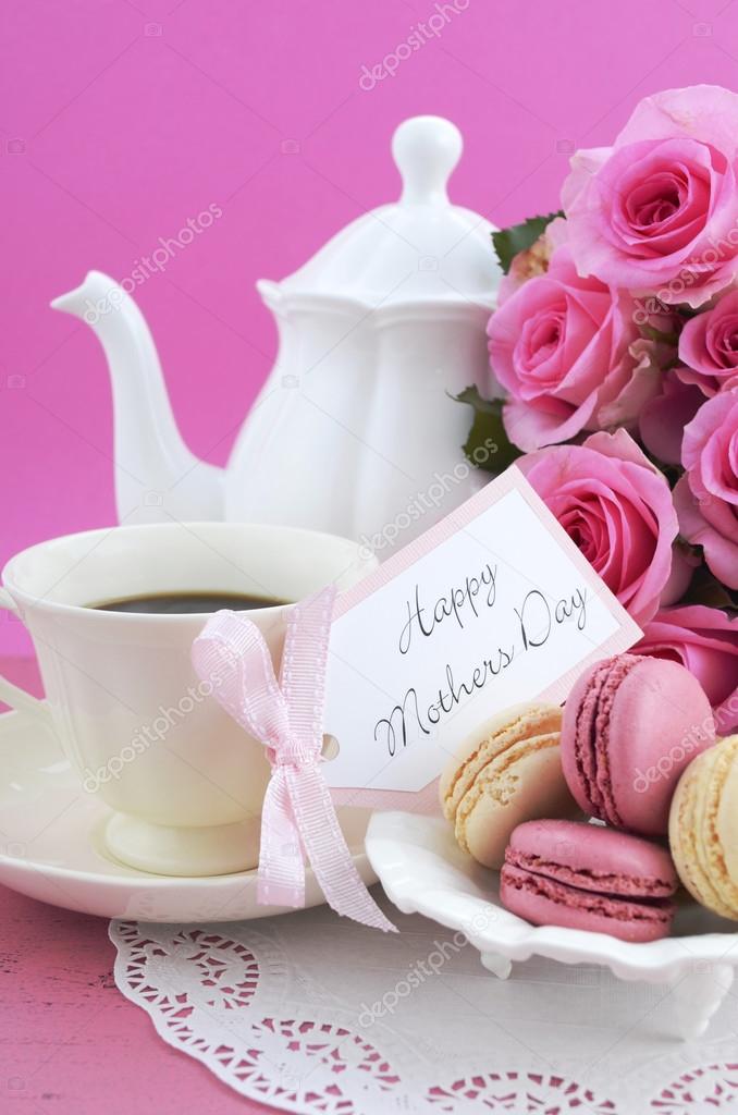 Happy Mothers Day Pink Roses and Tea Setting.