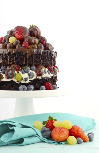 Heerlijk divine chocolate cake met bessen en room. — Stockfoto