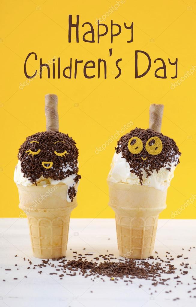 Happy Childrens Day concept with fun ice cream cones. 