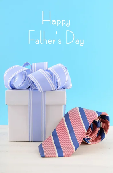 Happy Fathers Day Gift with Blue and White Ribbon — Stock Photo, Image