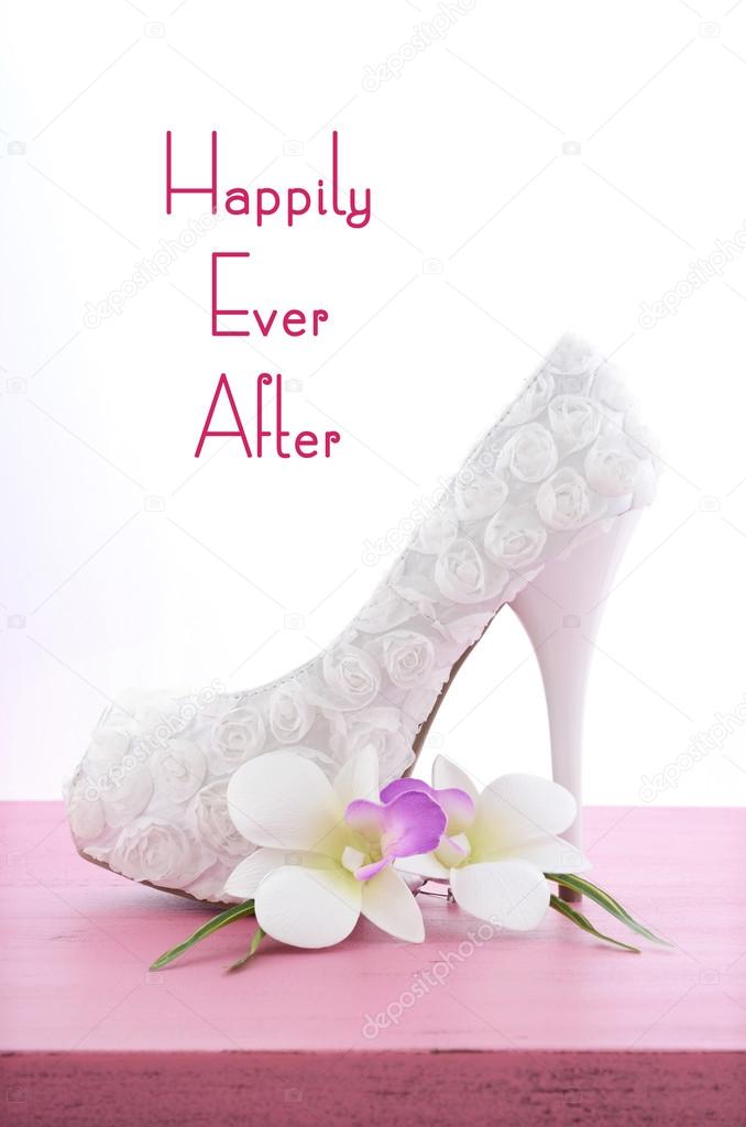 Wedding Theme, Happily Ever After, White High Heel Shoe. 