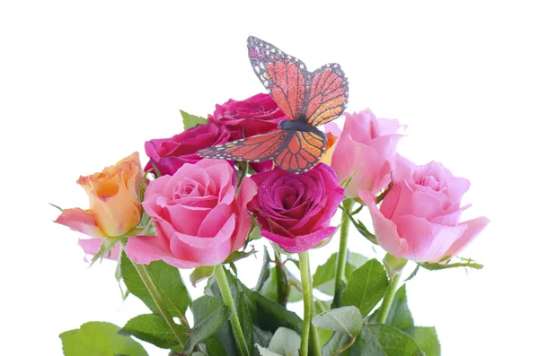 Buquê de botões de rosa multi cor com borboleta — Fotografia de Stock
