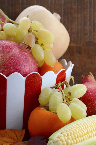 Red and white stripe bowl with Autumn Harvest — Stock Photo, Image