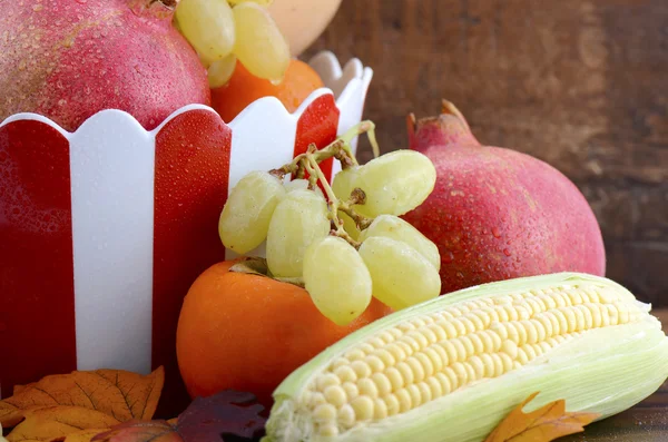 Red and white stripe bowl with Autumn Harvest — Stock Photo, Image