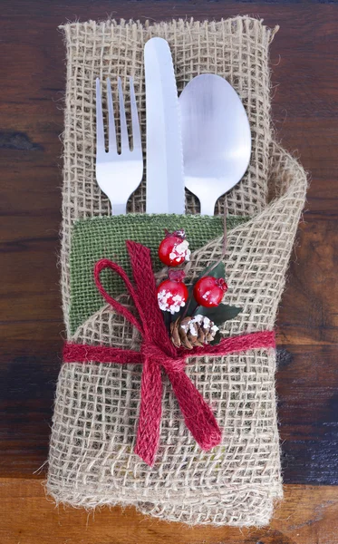 Rustic Thanksgiving burlap wrapped place setting. — Stock Photo, Image