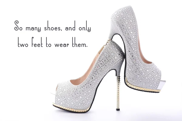 High Heel Rhinestone Shoes with Funny Saying Text. — Zdjęcie stockowe