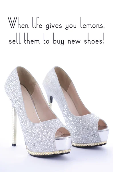 High Heel Rhinestone Shoes with Funny Saying Text. — Zdjęcie stockowe