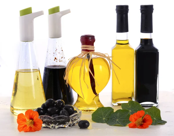 Salad Dressing with oils, olives and vinegars — Stok fotoğraf