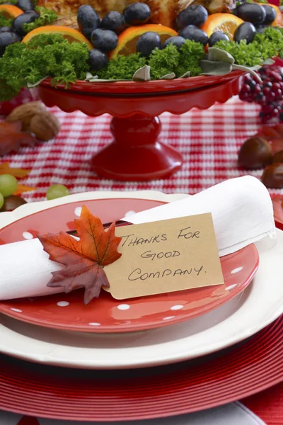 Erntedank-Tischdekoration mit Putenbraten auf rotweißem Backblech — Stockfoto