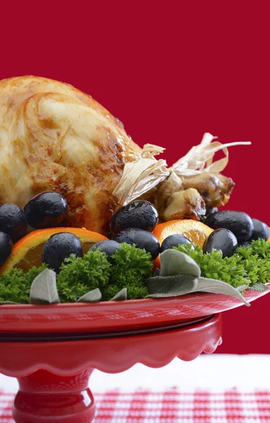 Festive Red Theme Thanksgiving Christmas Turkey Platter. — 图库照片