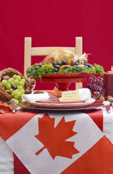 Thanksgiving Table Setting with Roast Turkey on Red White Backgr Stock Picture